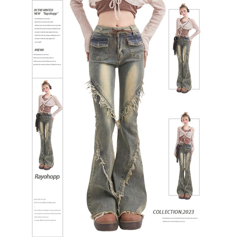 Rayohopp牛仔裤女春季美式潮牌复古渐变绑带高腰毛边设计感休闲裤