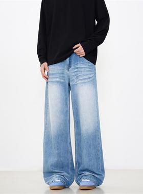 KISKO美式复古水洗阔腿蓝色牛仔裤男女潮牌小众宽松直筒百搭裤子