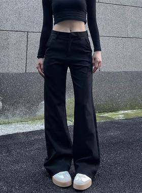 BAOER美式复古微喇休闲裤修身窄版黑色西裤直筒vibe辣妹工装裤女