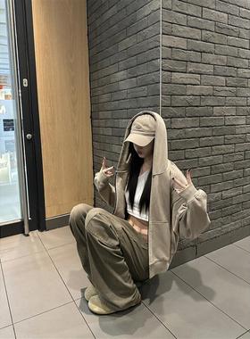 XXDIRLY新款美式复古cleanfit卫衣女慵懒短款boxy运动帽衫外套ins