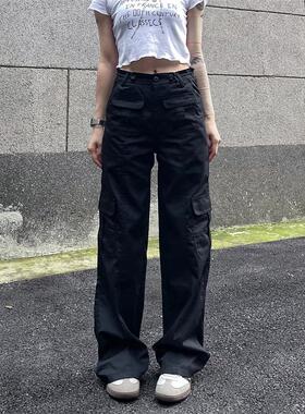 BAOER美式复古窄版工装裤女黑色vibe直筒多口袋辣妹伞兵休闲裤子