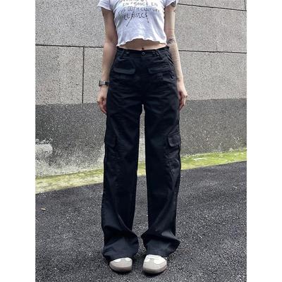 BAOER美式复古窄版工装裤女黑色vibe直筒多口袋辣妹伞兵休闲裤子
