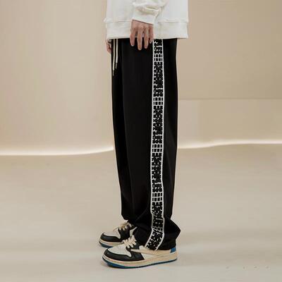 烦恼的Octopusl秋冬织带拼接长裤美式直筒宽松垂感加绒百搭裤子男