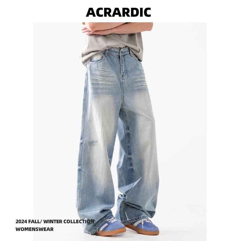 ACRARDIC2024百搭神裤!浅蓝色磨痕牛仔裤男美式vibe水洗阔腿裤子