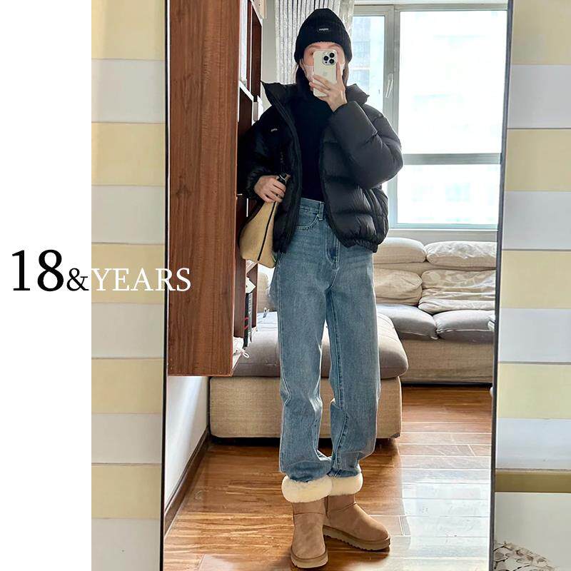 浅色窄版阔腿牛仔裤女春秋加绒2025新款高腰小个子宽松直筒拖地裤