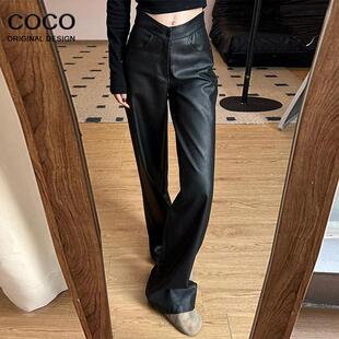 垂感休闲裤 复古黑色pu皮阔腿皮裤 加绒保暖直筒裤 新款 子 女2024秋季