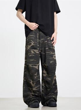 KISKO小众美式迷彩降落伞兵工装裤男复古抽绳调节宽松直筒休闲裤