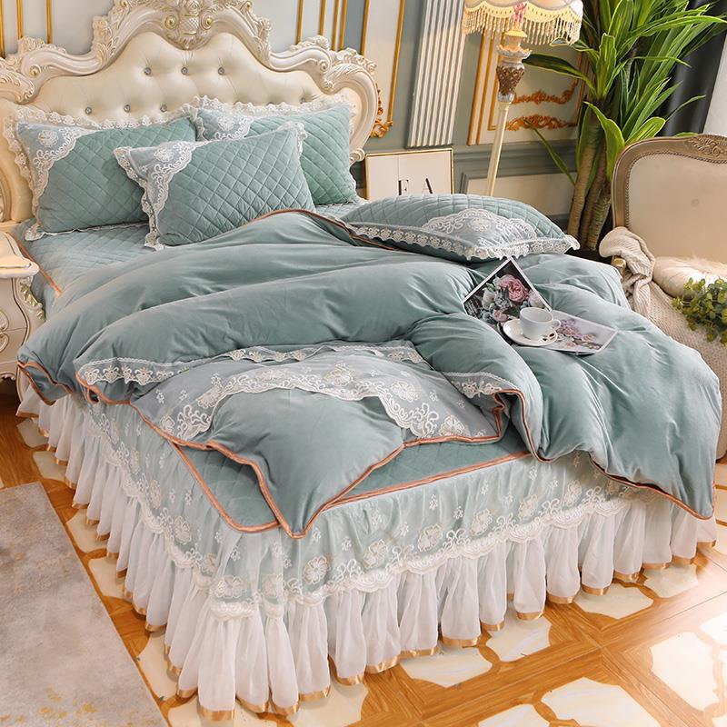 床上四件套床裙款韩版公主风加厚夹棉水晶绒床罩被套4件套1.8m2米