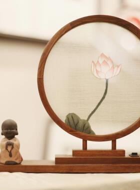 湘绣纯手工刺绣摆件双面绣台屏蜀绣苏绣花梨木框台灯创意礼品礼物