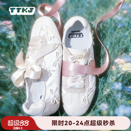 TTKJ夏季miu系芭蕾德训鞋女鞋薄款缎面蝴蝶结轻便透气双鞋带鞋子