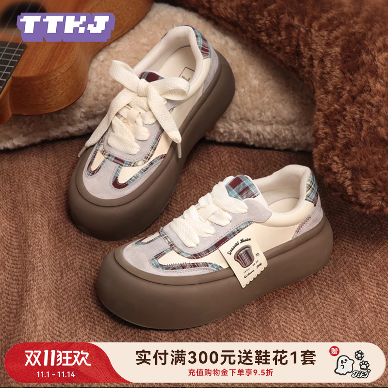 TTKJ鞋子女款秋冬格子大头板鞋格纹学生休闲运动鞋皮质厚底德训鞋