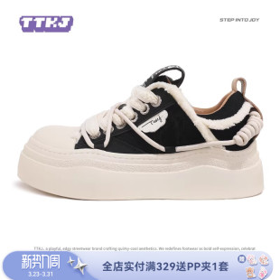 TTKJ黑色帆布鞋女鞋2026年超火的鞋子厚底休闲复古拼色百搭大头鞋