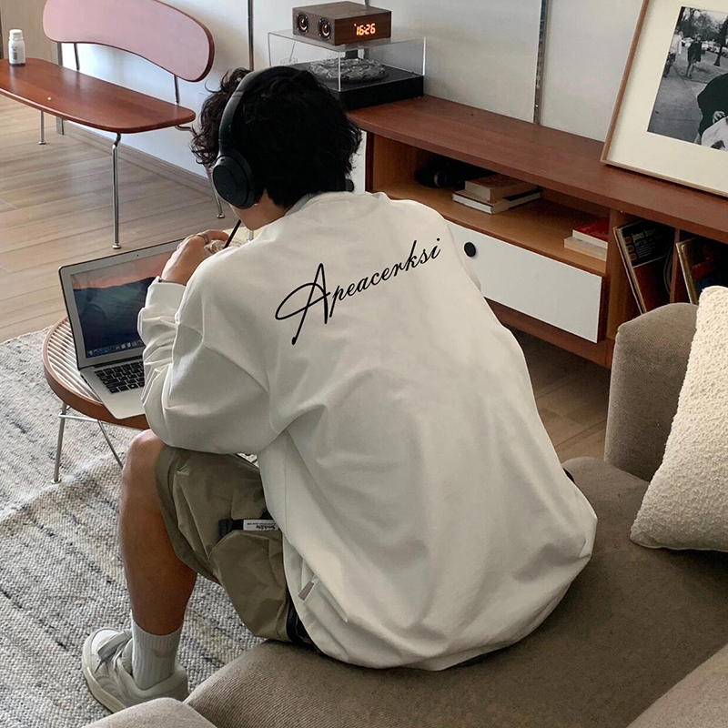 潮牌简约字母重磅纯棉长袖t恤男