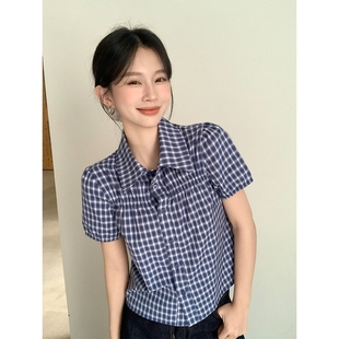 复古蓝色格子短袖 女夏季 时尚 宽松衬衫 洋气翻领甜美上衣 新款 泡泡袖