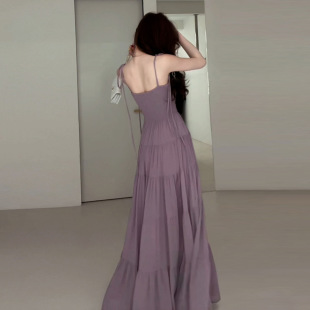 紫色吊带连衣裙子女夏季 2025新款 海边度假风绝美超好看收腰沙滩裙