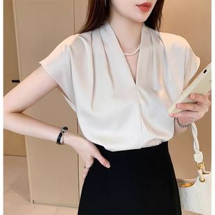 夏季 领醋酸缎面高级感短袖 法式 新款 上衣气质衬衣 衬衫 女士小飞袖