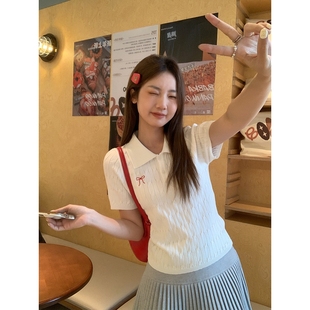 辣妹小上衣 韩系甜美蝴蝶结麻花POLO领短袖 T恤女春季 新款 内搭修身