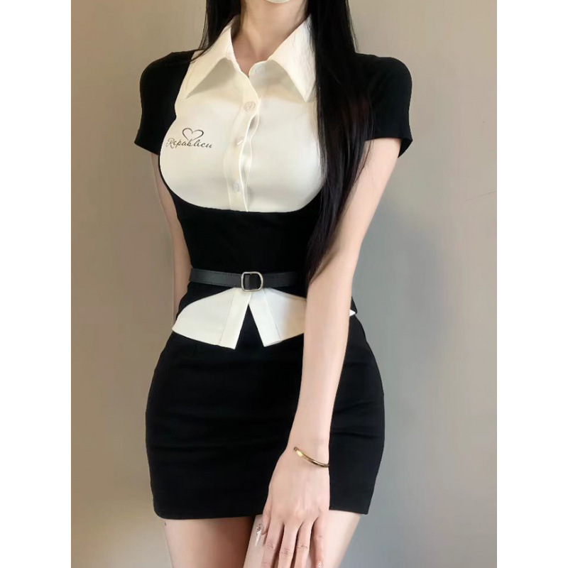 纯欲辣妹假两件修身设计感收腰衬衫女短袖辣妹上衣黑色包臀短裙女