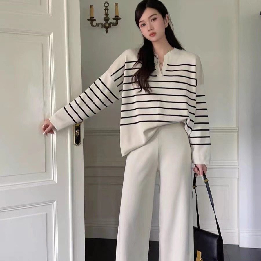 时尚套装女韩版宽松条纹针织上衣两件套休闲高腰坠感针织阔腿裤子