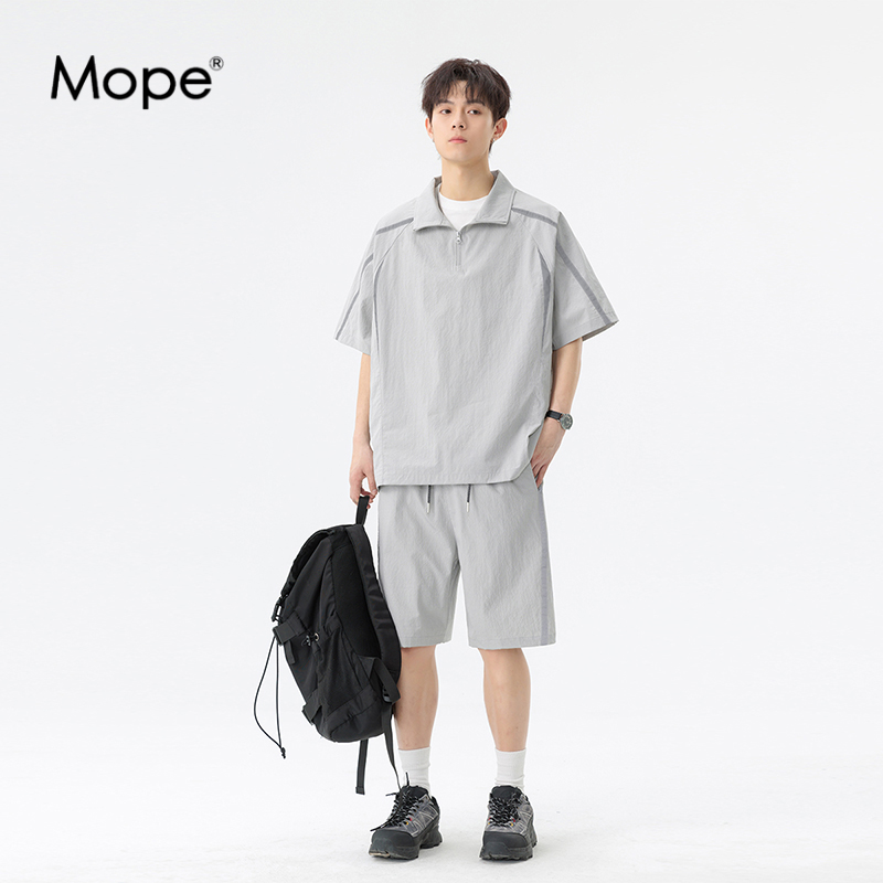MOPE运动套装男款夏季潮流百搭休闲运动时尚翻领短袖短裤一件套