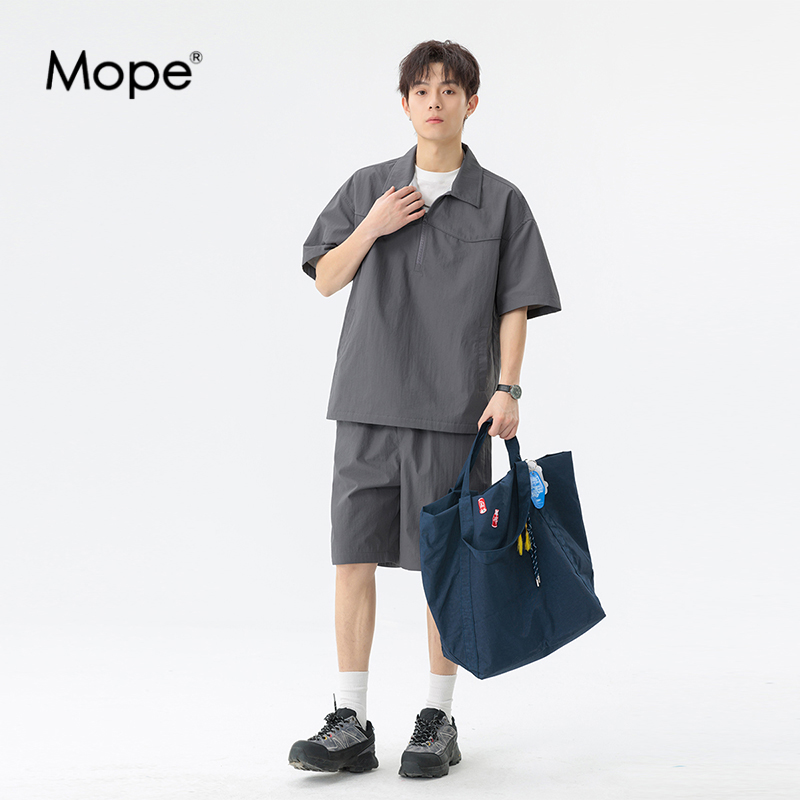 MOPE运动套装男款夏季半拉链上衣短裤两件套宽松休闲潮流百搭套装