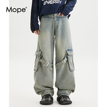 MOPE牛仔裤男春秋季多口袋绑带设计宽松休闲直筒裤潮流百搭阔腿裤