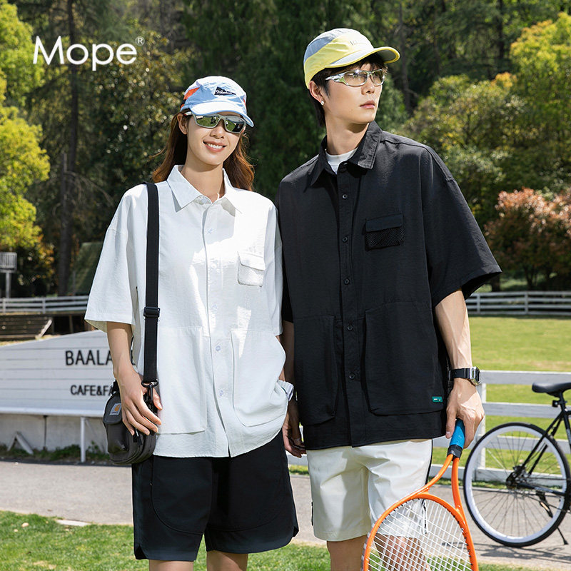 MOPE短袖衬衫夏季男女款休闲运动翻领衬衣宽松潮流时尚半袖外套