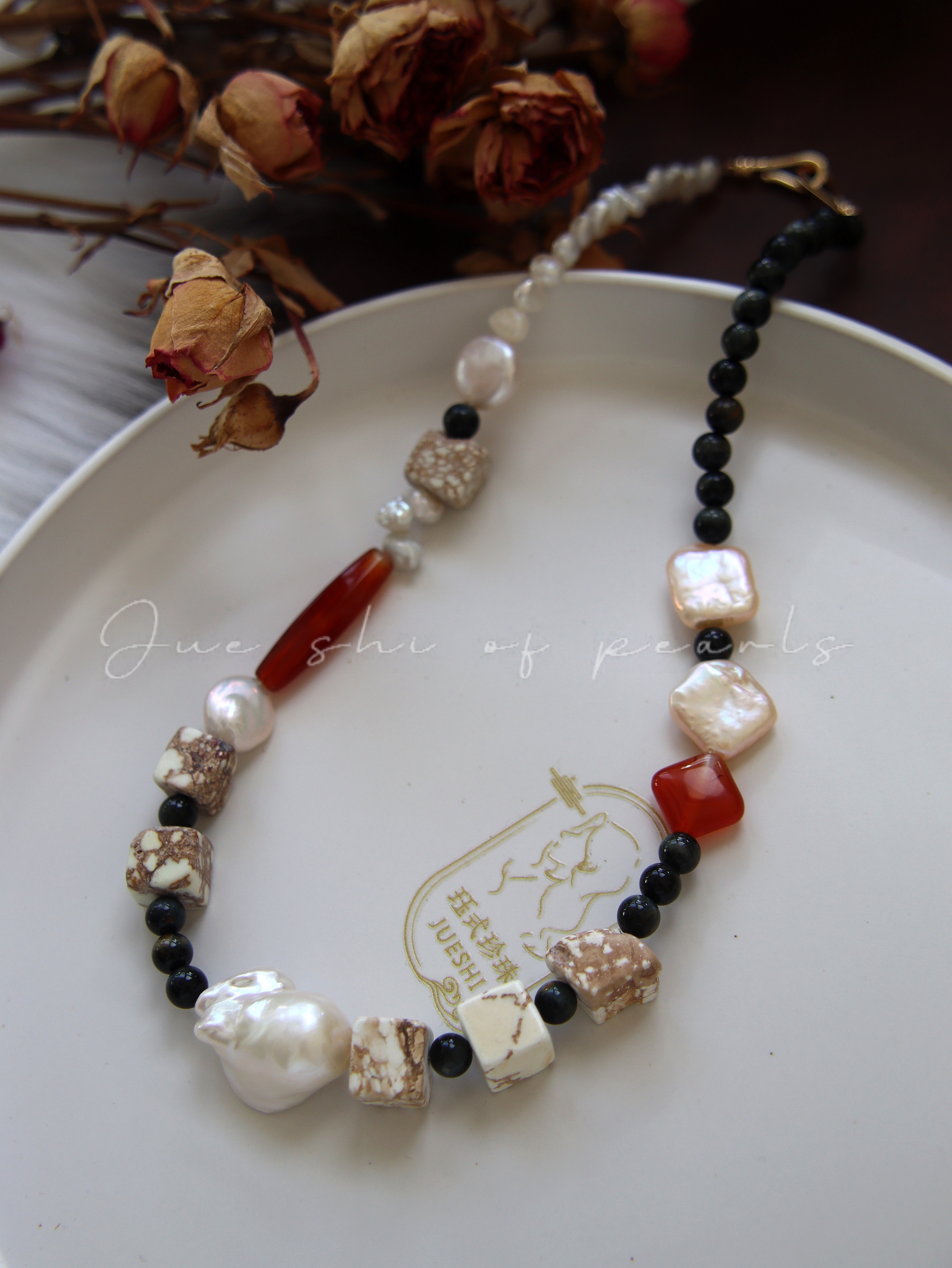 JUE【多宝系列】度假民族风 天然松石玛瑙巴洛克珍珠项链