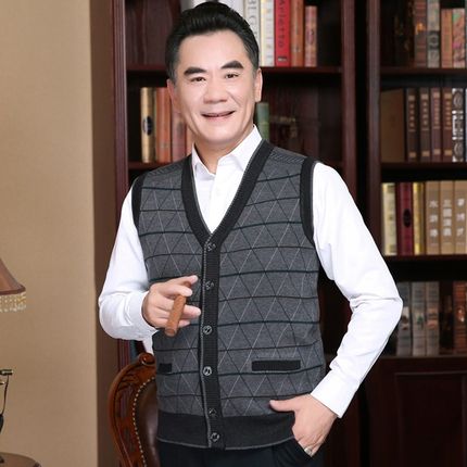 春秋冬季V领老人薄款针织v毛线开衫背心中老年男士爸爸毛坎肩马甲