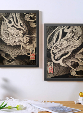 A4A3纹身海报相框画老传统菊花龙手稿刺青店客厅背景墙壁装饰画框