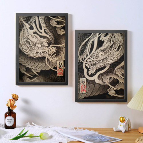 A4A3纹身海报相框画老传统菊花龙手稿刺青店客厅背景墙壁装饰画框