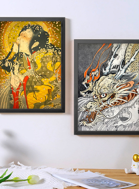 a4纹身海报框画装饰画浮世绘武士刺青店剧本杀墙壁挂画背景墙定制