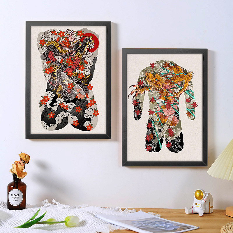 纹身海报画框墙壁装饰画日式浮世绘满背刺青手稿客厅背景墙挂画