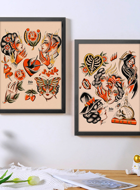 A4A3纹身海报相框画oldschool小手稿刺青店客厅背景墙壁装饰画框