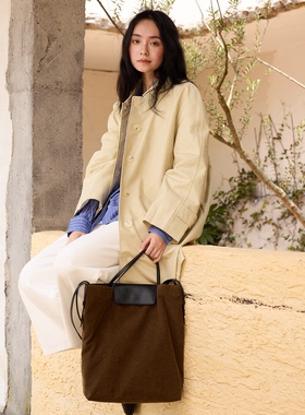 SecondMoon进口灯芯绒手提单肩斜挎韩系简约大容量头层牛皮托特包