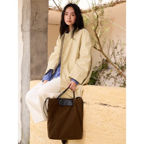 SecondMoon进口灯芯绒手提单肩斜挎韩系简约大容量头层牛皮托特包