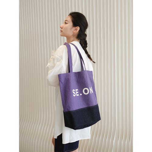 SecondMoon夏日色彩韩国定染蜡笔拼牛仔色帆布包大容量百搭通勤