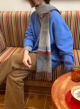 SecondMoon北欧红色条纹格纹羊毛保暖披肩护颈秋冬百搭时尚围巾