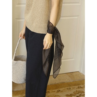 SecondMoon时髦赫本波点图案小方巾丝巾桑蚕丝系脖高级感围脖头巾