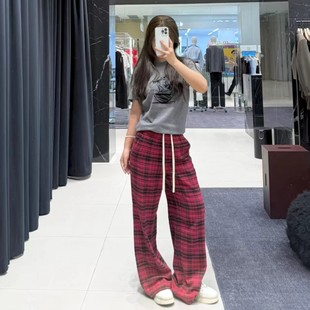 DN高端定制2025秋季新款时尚百搭卡通T恤松紧腰宽松格纹阔腿裤女