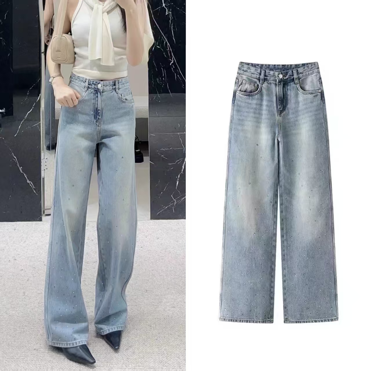 重工烫钻贴片高腰直筒阔腿牛仔裤
