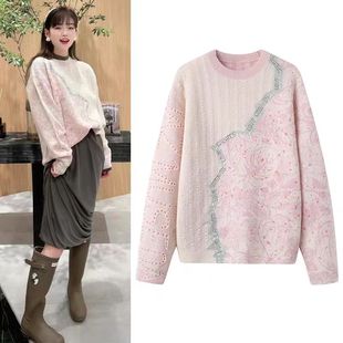 DN高端定制甜美风粉色提花套头毛针织衫女宽松圆领长袖设计感上衣