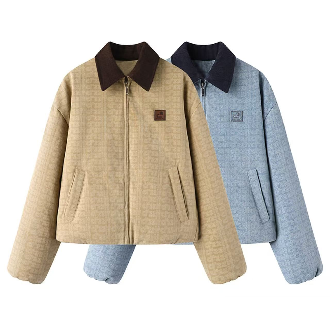 百搭翻领宽松纹路拼接领棉服外套