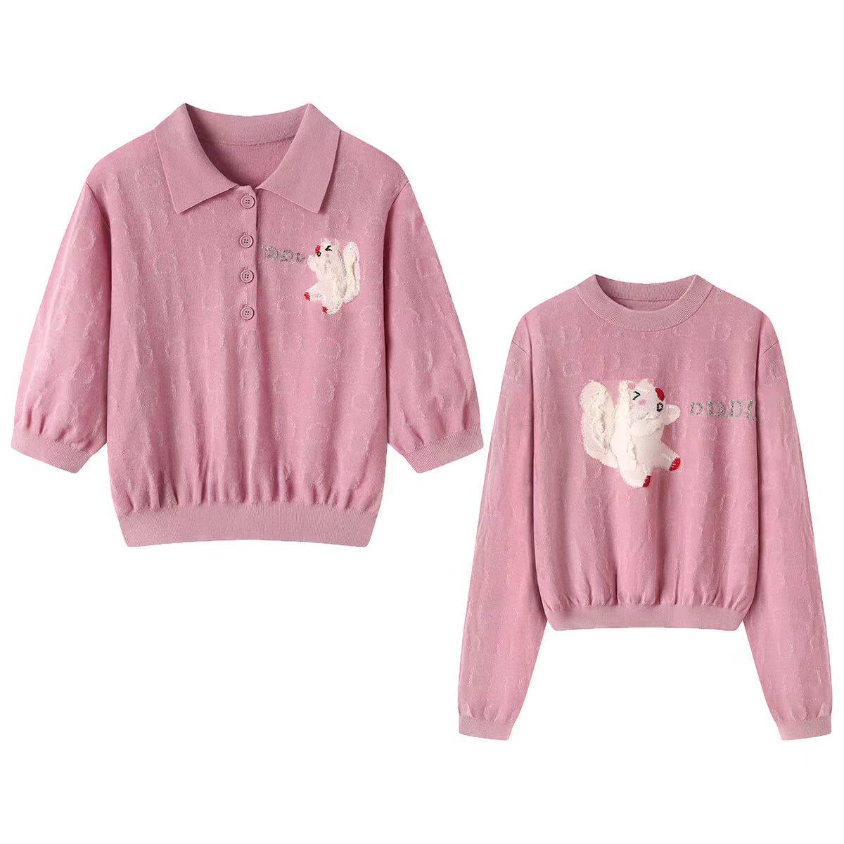 DN高端定制甜美可爱小松鼠粉色POLO领针织衫女套头显瘦减龄上衣