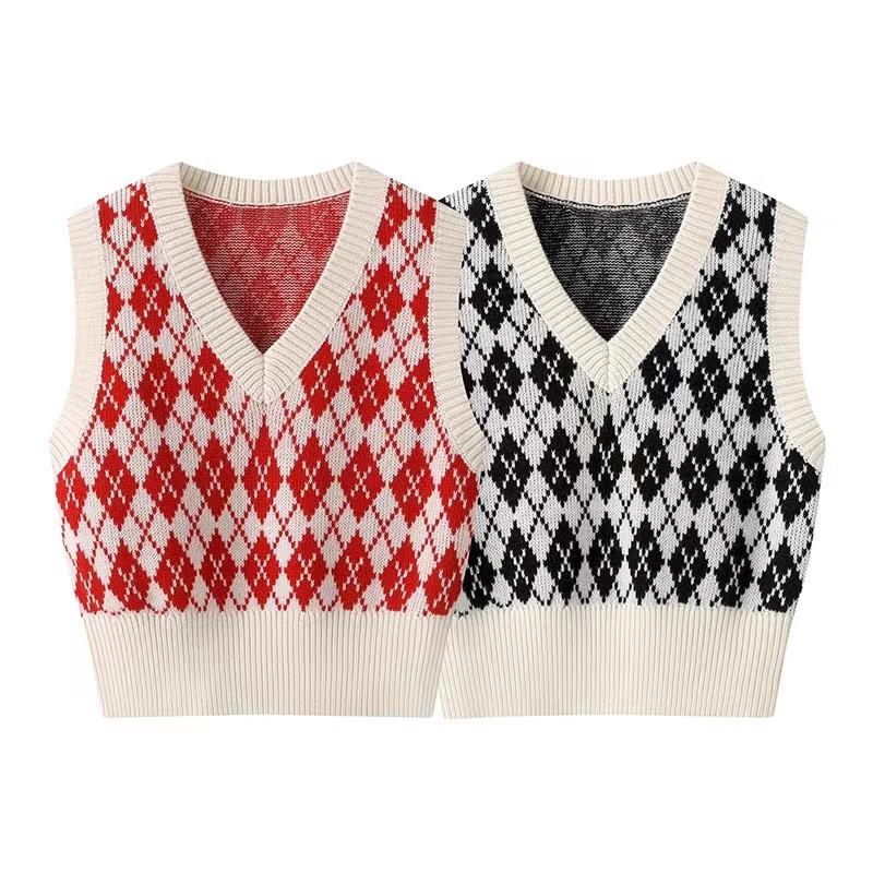 DN高端定制2025春款百搭休闲V领撞色菱形格收腰无袖马甲针织衫女