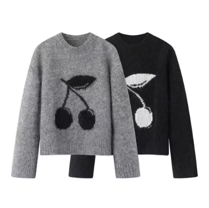 圆领樱桃提花针织衫上衣女