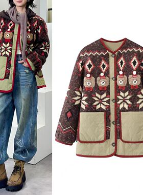 DN高端定制复古费尔岛卡通小熊提花棉服外套女冬季宽松保暖棉衣