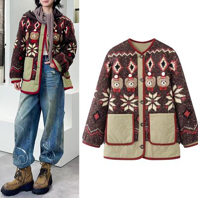 费尔岛卡通小熊提花棉服外套女