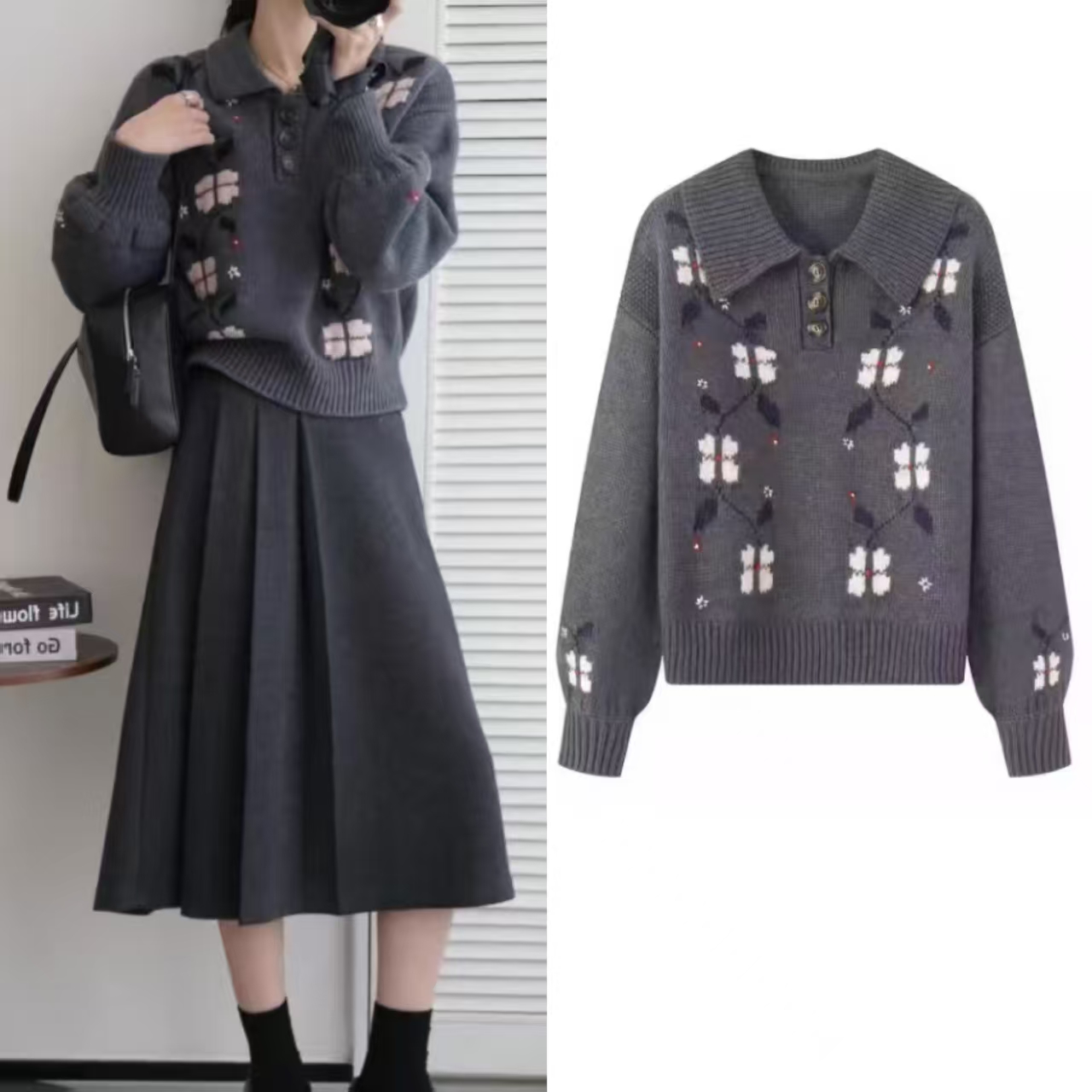 宽松四叶草提花polo领针织衫女