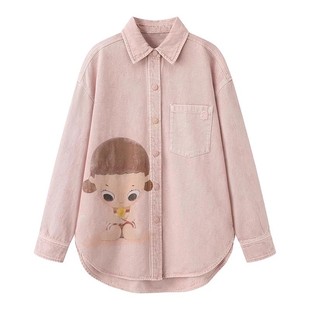 DN高端定制2025秋季新款时尚百搭卡通印花单排扣牛仔衬衫上衣女